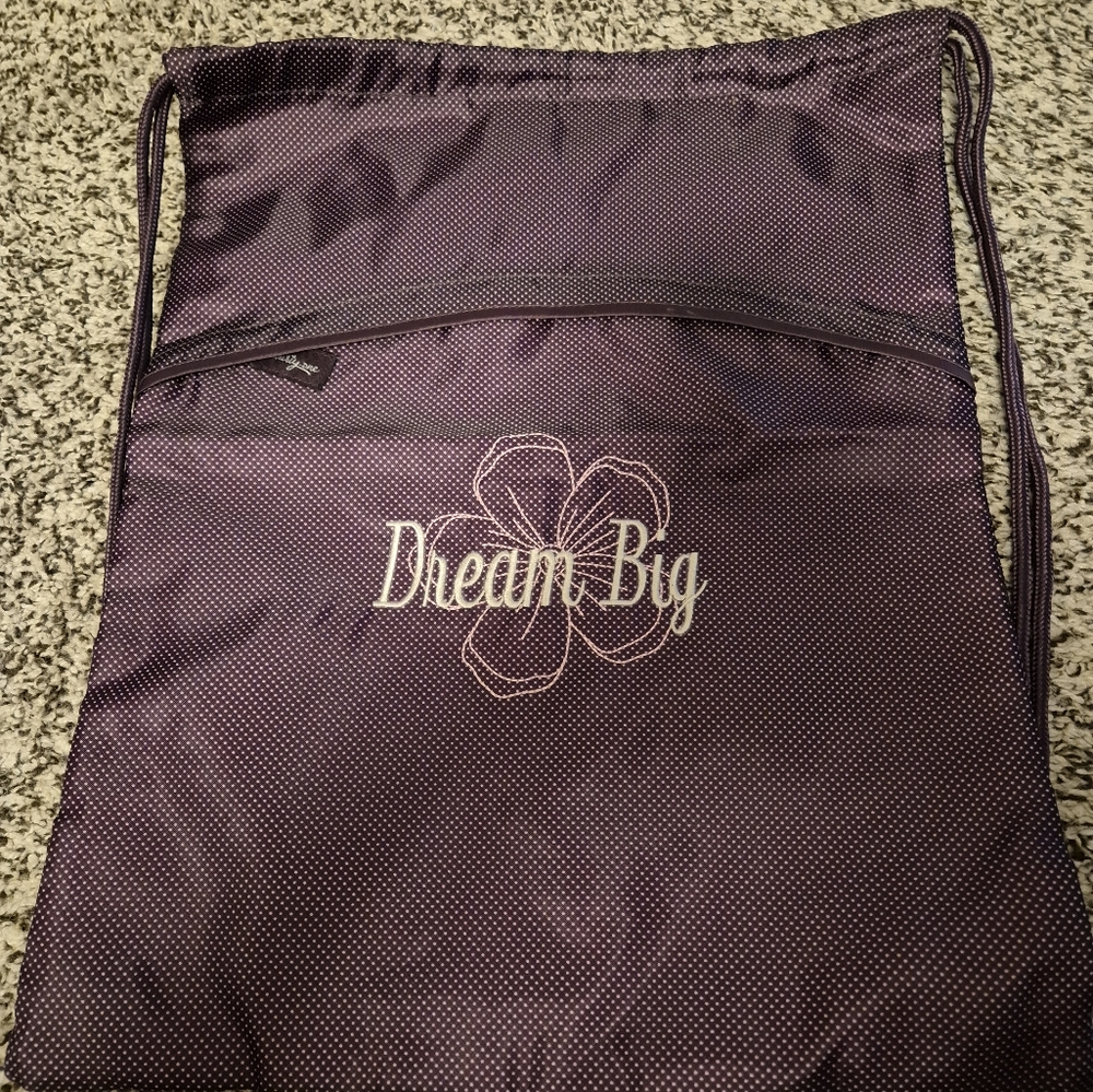 Purple Drawstring Bag with 'Dream Big' Embroidery. New Without Tags.